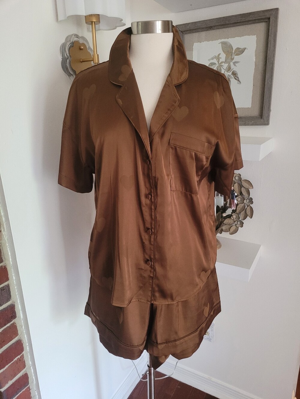 Nuuds Satin Brown Short Sleeve Pajama Set Hearts Large